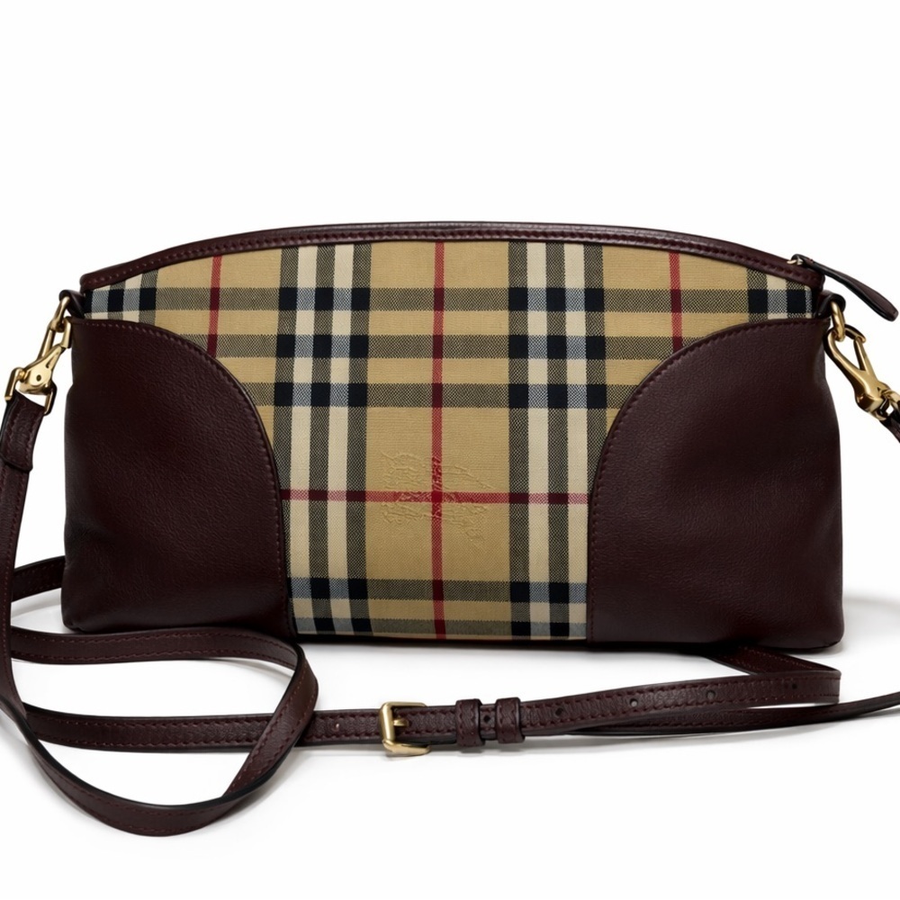 Burberry Nova Check Crossbody Clutch Bag Plaid Burgundy Leather Trim - Picture 1 of 12